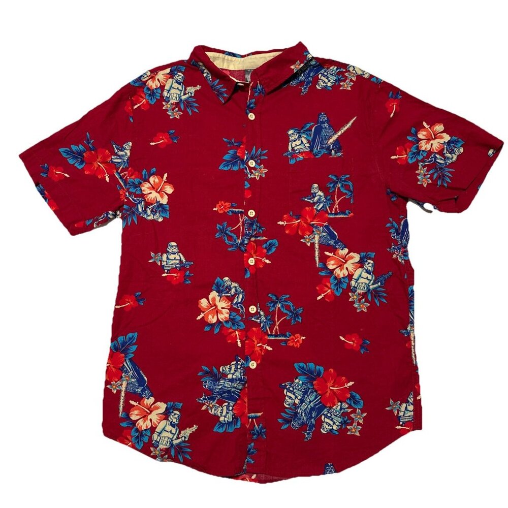 Star Wars Shirt Mens Medium Red Button Up Hawaiian Darth Vader Storm Troopers